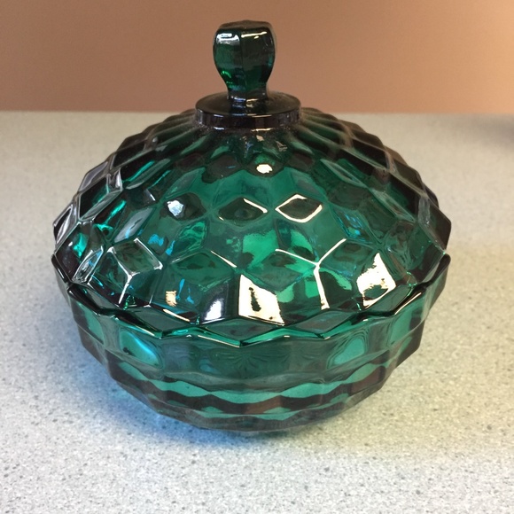 TEAL INDIANA GLASS WHITEHALL Other - INDIANA GLASS WHITEHALL TEAL DIAMOND POINT LIDDED with KNOB ROUND DISH